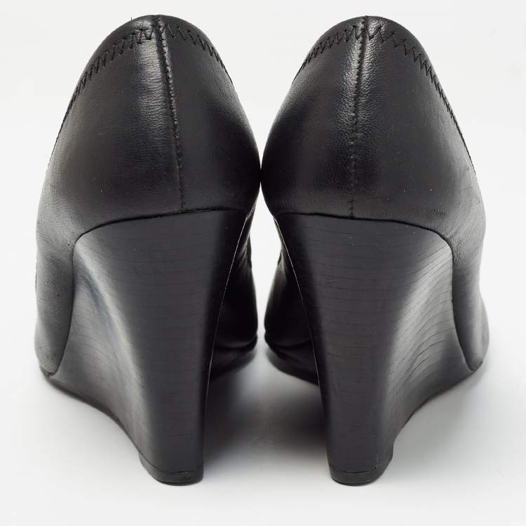 Pre Owned Tory Burch Black Leather Sally Wedge Pumps Size 37.5