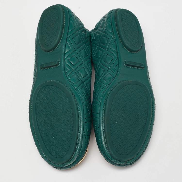 Pre Owned Tory Burch Green Leather Logo Ballet Flats Size 37