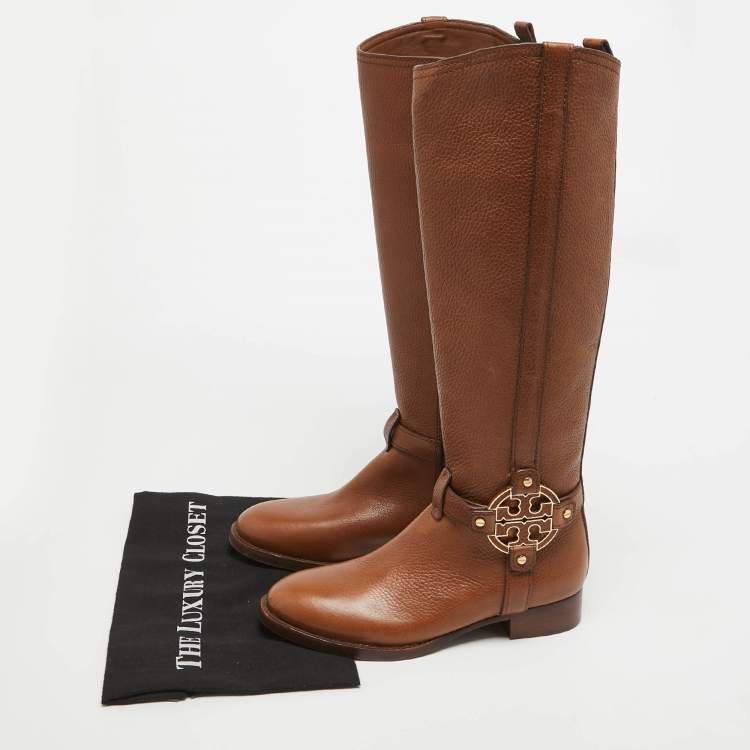 Pre Owned Tory Burch Brown Leather Knee Length Boots Size 36.5