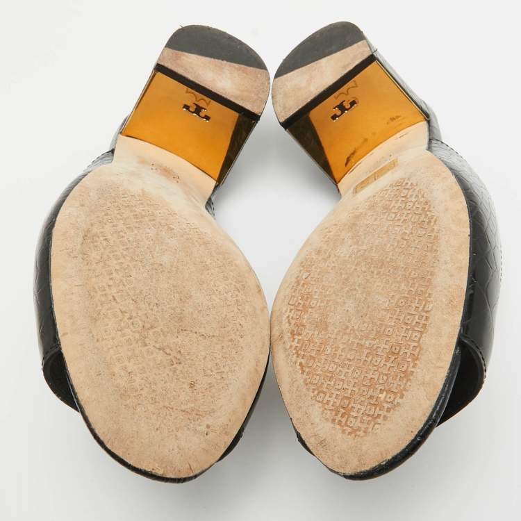 Pre Owned Tory Burch Black Croc Embossed Leather Mules Size 36.5