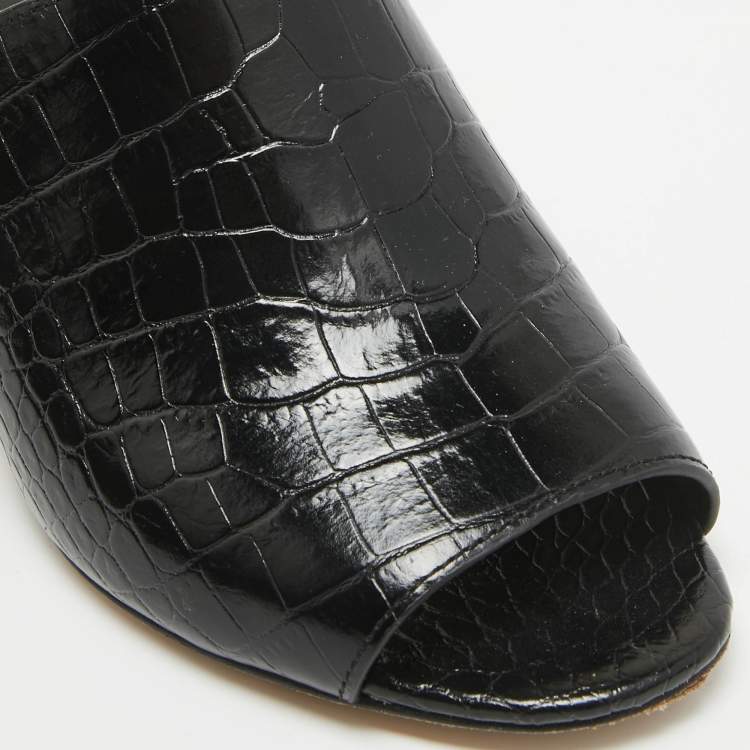 Pre Owned Tory Burch Black Croc Embossed Leather Mules Size 36.5