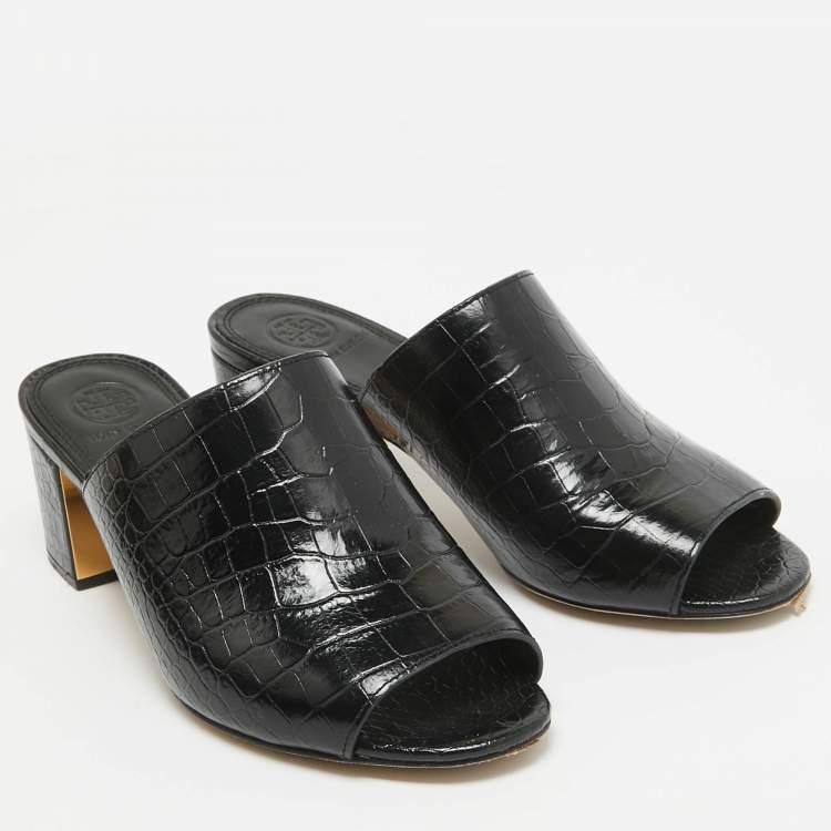 Pre Owned Tory Burch Black Croc Embossed Leather Mules Size 36.5
