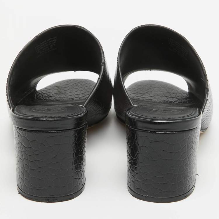 Pre Owned Tory Burch Black Croc Embossed Leather Mules Size 36.5