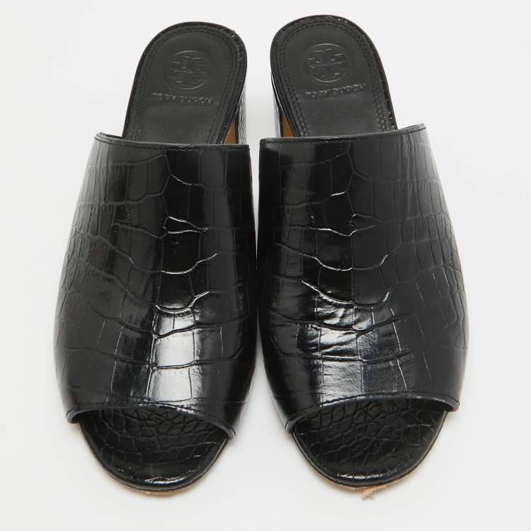 Pre Owned Tory Burch Black Croc Embossed Leather Mules Size 36.5