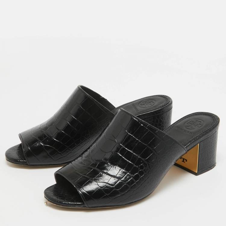 Pre Owned Tory Burch Black Croc Embossed Leather Mules Size 36.5