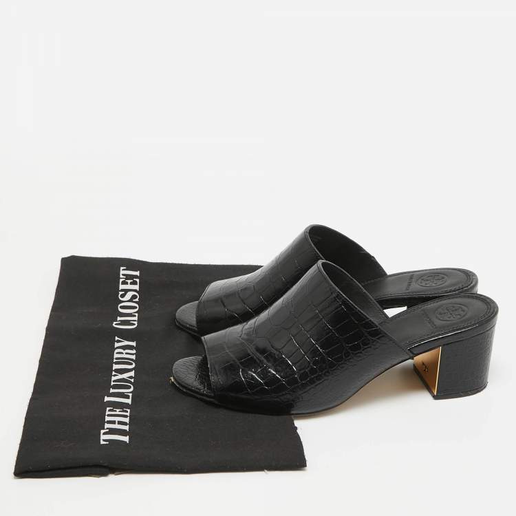 Pre Owned Tory Burch Black Croc Embossed Leather Mules Size 36.5