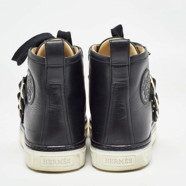 Pre Owned Hermes Black Leather Lennox High Top Sneakers Size 36