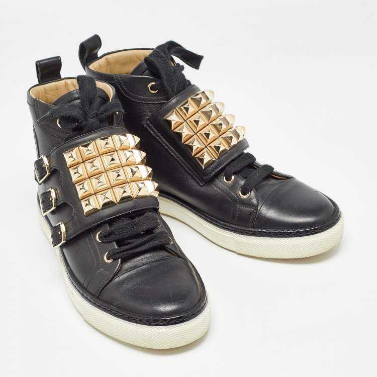 Pre Owned Hermes Black Leather Lennox High Top Sneakers Size 36