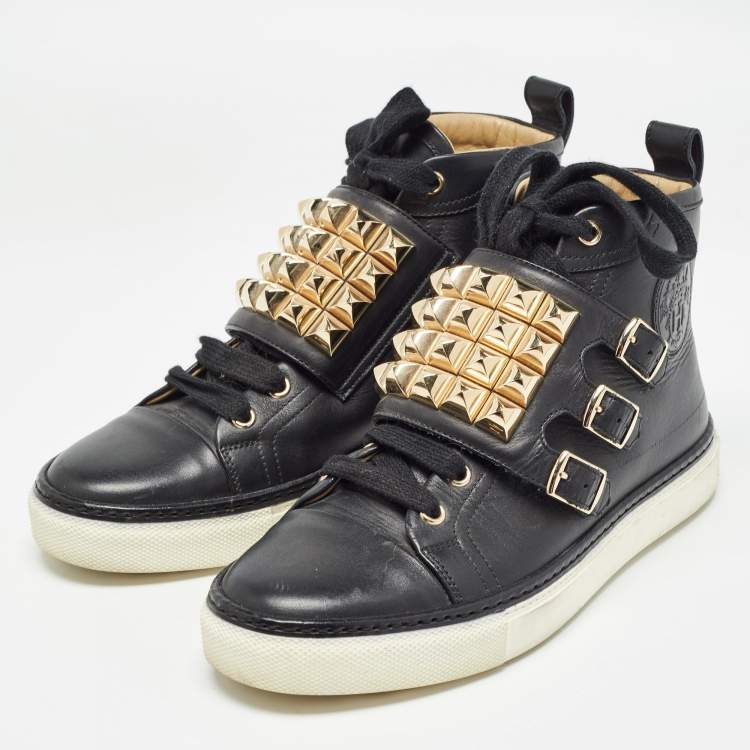 Pre Owned Hermes Black Leather Lennox High Top Sneakers Size 36