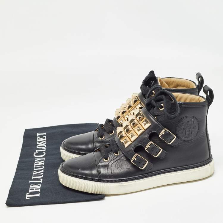Pre Owned Hermes Black Leather Lennox High Top Sneakers Size 36