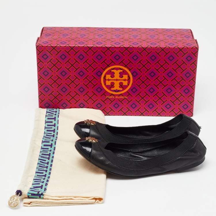 Pre Owned Tory Burch Black Patent and Leather Jolie Scrunch Ballet Flats Size 35.5