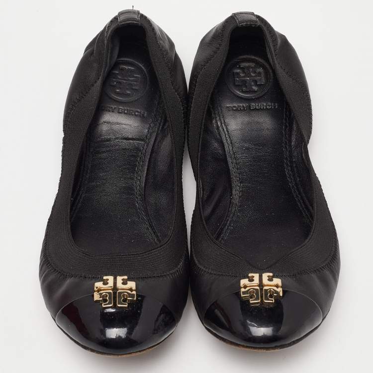 Pre Owned Tory Burch Black Patent and Leather Jolie Scrunch Ballet Flats Size 35.5