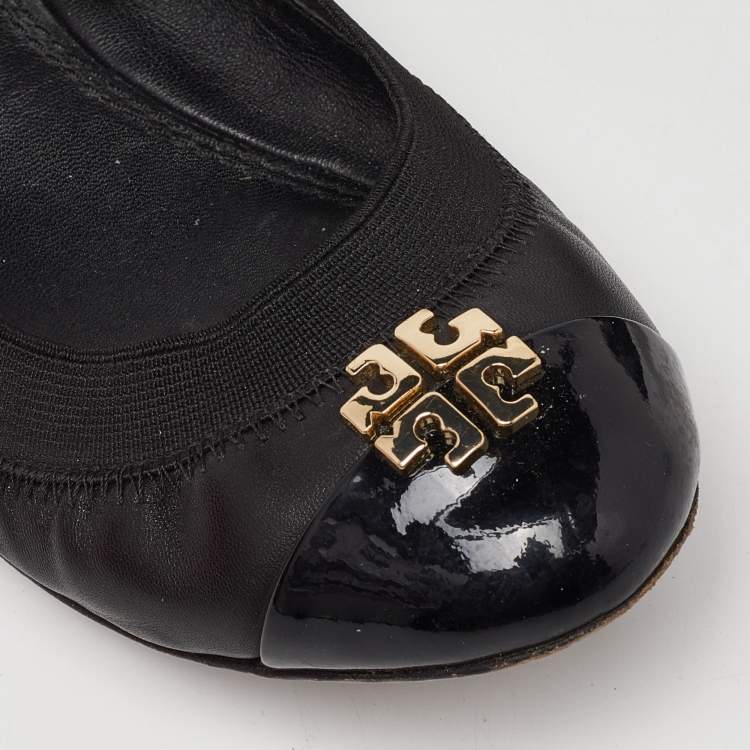 Pre Owned Tory Burch Black Patent and Leather Jolie Scrunch Ballet Flats Size 35.5