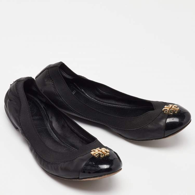 Pre Owned Tory Burch Black Patent and Leather Jolie Scrunch Ballet Flats Size 35.5