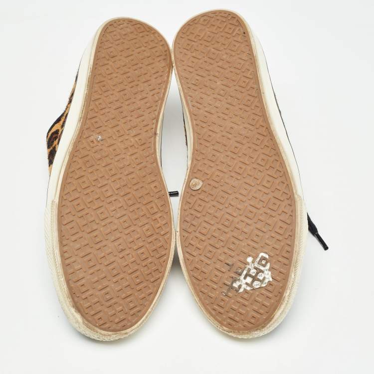 Pre Owned Tory Burch Brown/Black Animal Print Calf Hair and Leather Low Top Sneakers Size 40.5