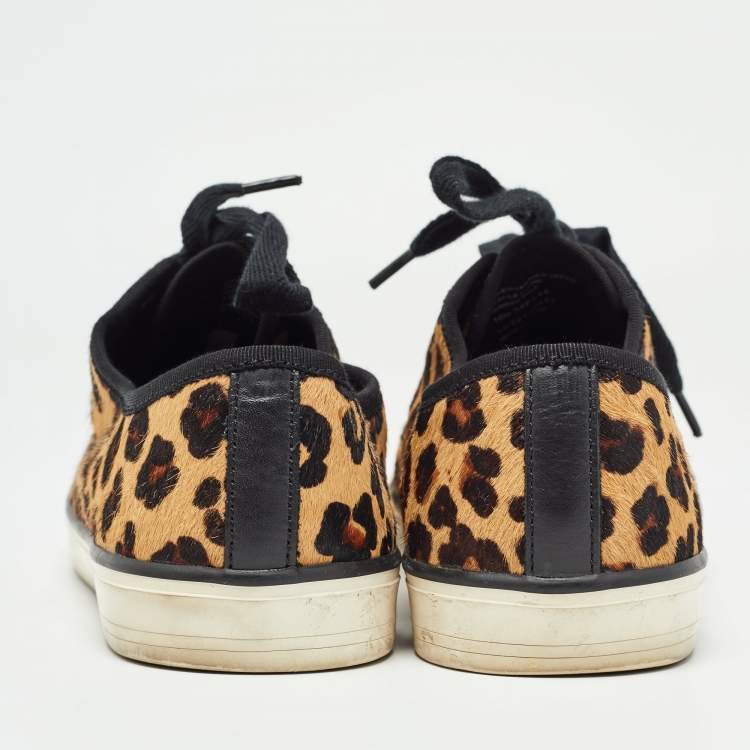 Pre Owned Tory Burch Brown/Black Animal Print Calf Hair and Leather Low Top Sneakers Size 40.5