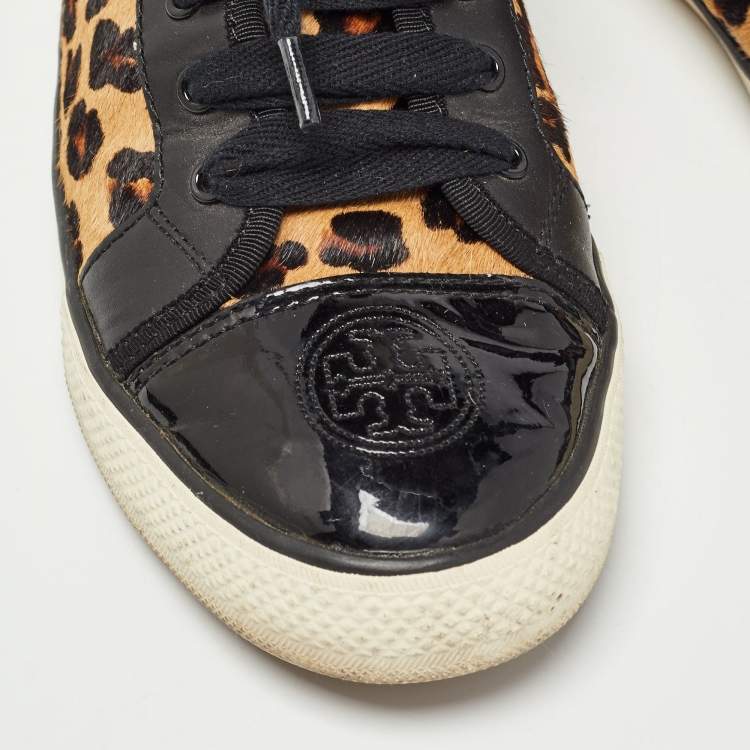 Pre Owned Tory Burch Brown/Black Animal Print Calf Hair and Leather Low Top Sneakers Size 40.5