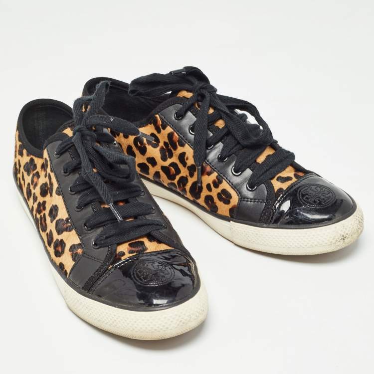 Pre Owned Tory Burch Brown/Black Animal Print Calf Hair and Leather Low Top Sneakers Size 40.5