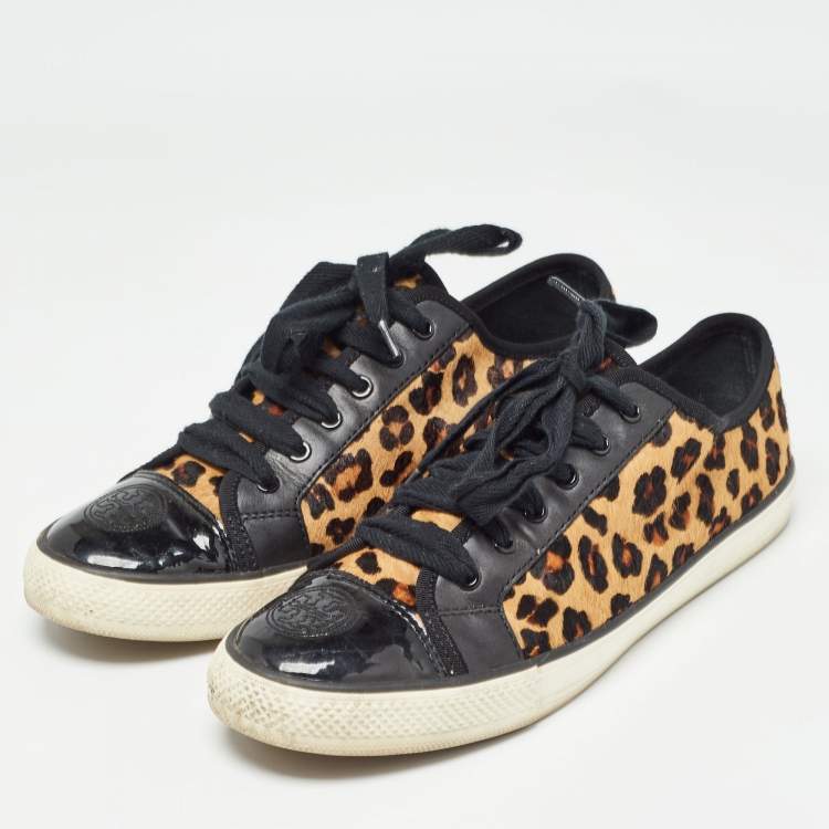 Pre Owned Tory Burch Brown/Black Animal Print Calf Hair and Leather Low Top Sneakers Size 40.5
