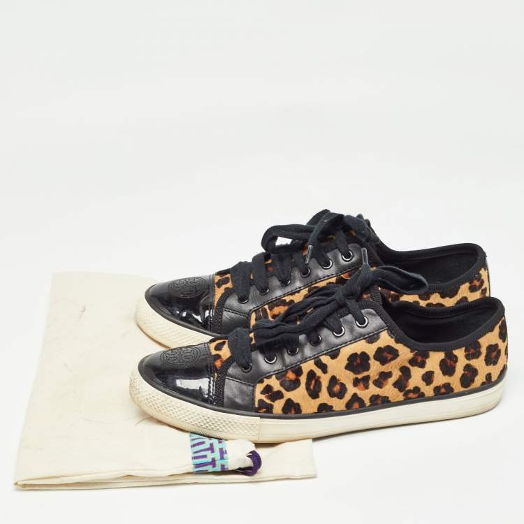 Pre Owned Tory Burch Brown/Black Animal Print Calf Hair and Leather Low Top Sneakers Size 40.5
