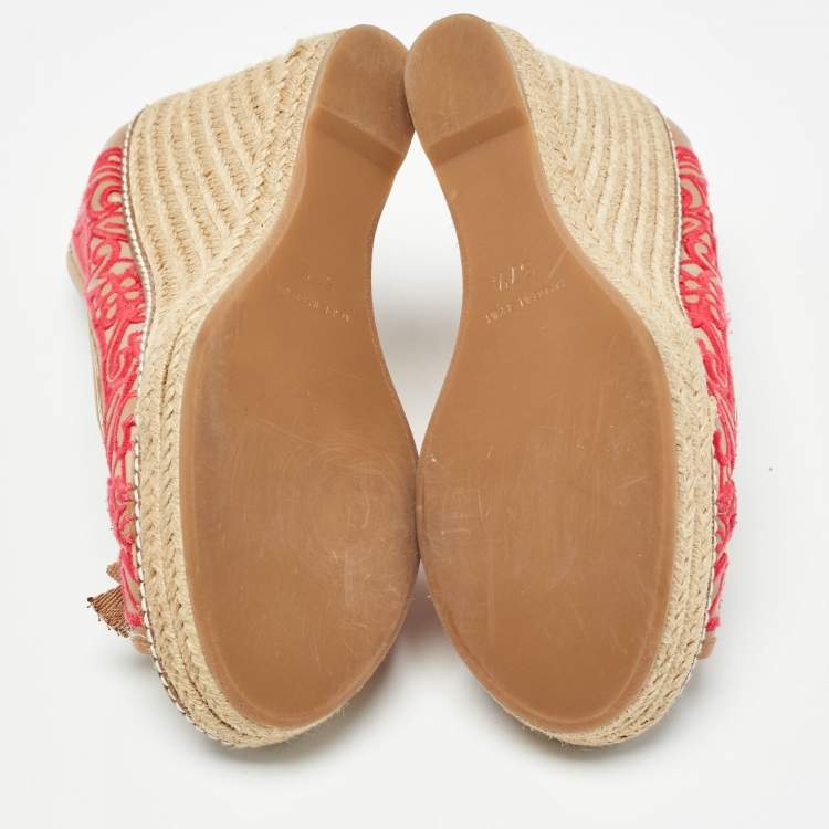 Pre Owned Tory Burch Brown/Pink Leather and Embroidered Fabric Jackie Espadrille Wedge Pumps Size 37.5