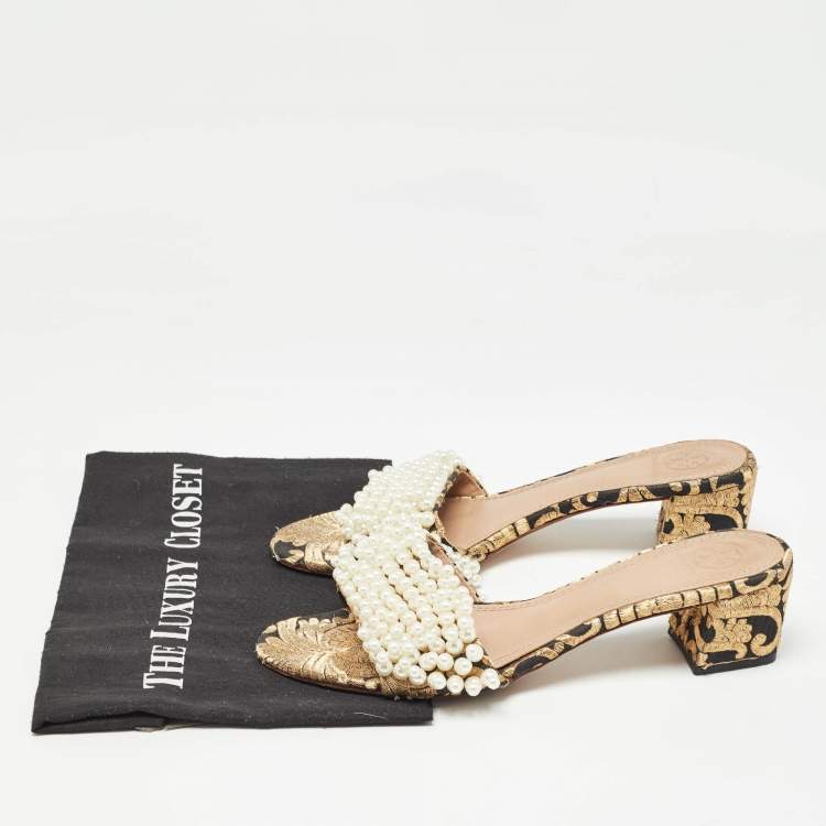 Pre Owned Tory Burch Brown/Black Embroidered Fabric Tatiana Pearl Sandals Size 38.5