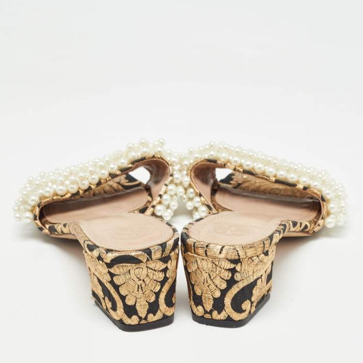 Pre Owned Tory Burch Brown/Black Embroidered Fabric Tatiana Pearl Sandals Size 38.5