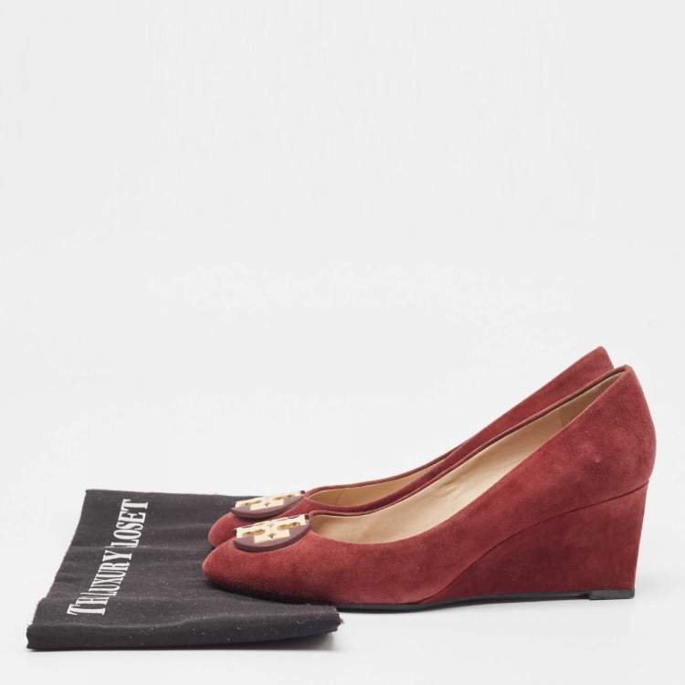 Pre Owned Tory Burch Burgundy Suede Luna Wedge Pumps Size 37