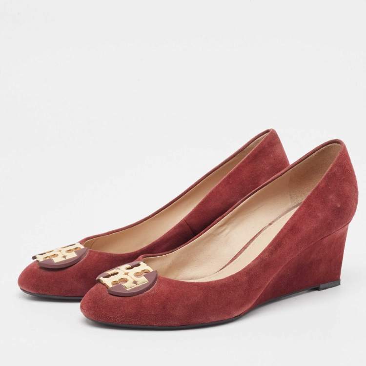 Pre Owned Tory Burch Burgundy Suede Luna Wedge Pumps Size 37