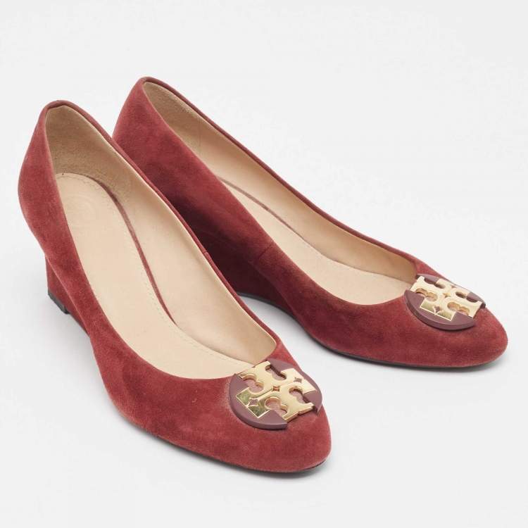 Pre Owned Tory Burch Burgundy Suede Luna Wedge Pumps Size 37