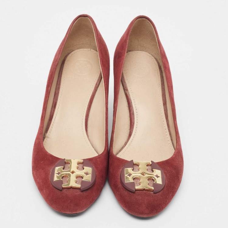 Pre Owned Tory Burch Burgundy Suede Luna Wedge Pumps Size 37