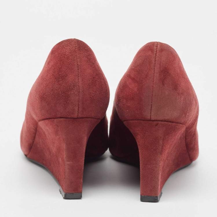 Pre Owned Tory Burch Burgundy Suede Luna Wedge Pumps Size 37