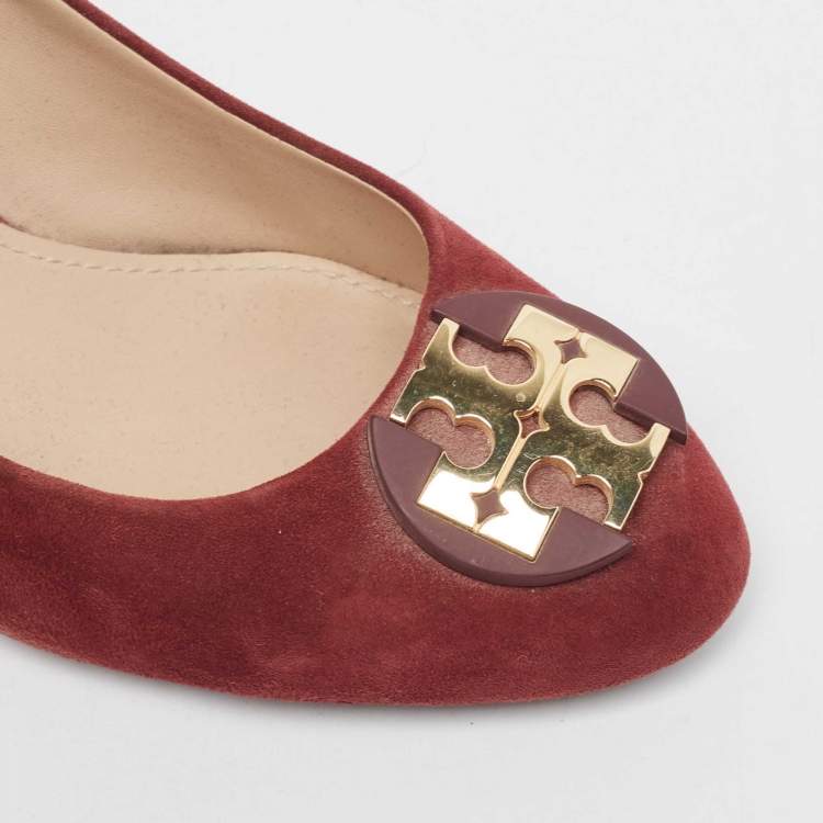 Pre Owned Tory Burch Burgundy Suede Luna Wedge Pumps Size 37
