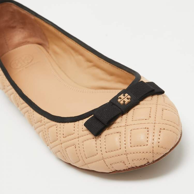 Pre Owned Tory Burch Beige Quilted Leather Marion Ballet Flats Size 39.5