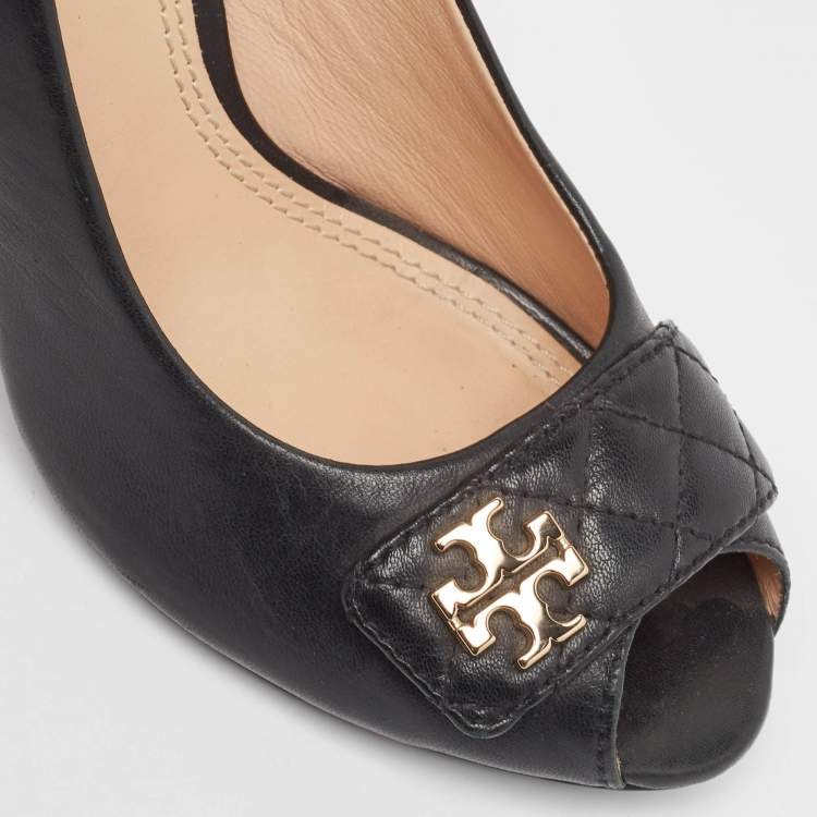 Pre Owned Tory Burch Black Leather Leila Peep Toe Wedge Pumps Size 37.5