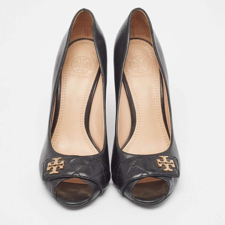 Pre Owned Tory Burch Black Leather Leila Peep Toe Wedge Pumps Size 37.5