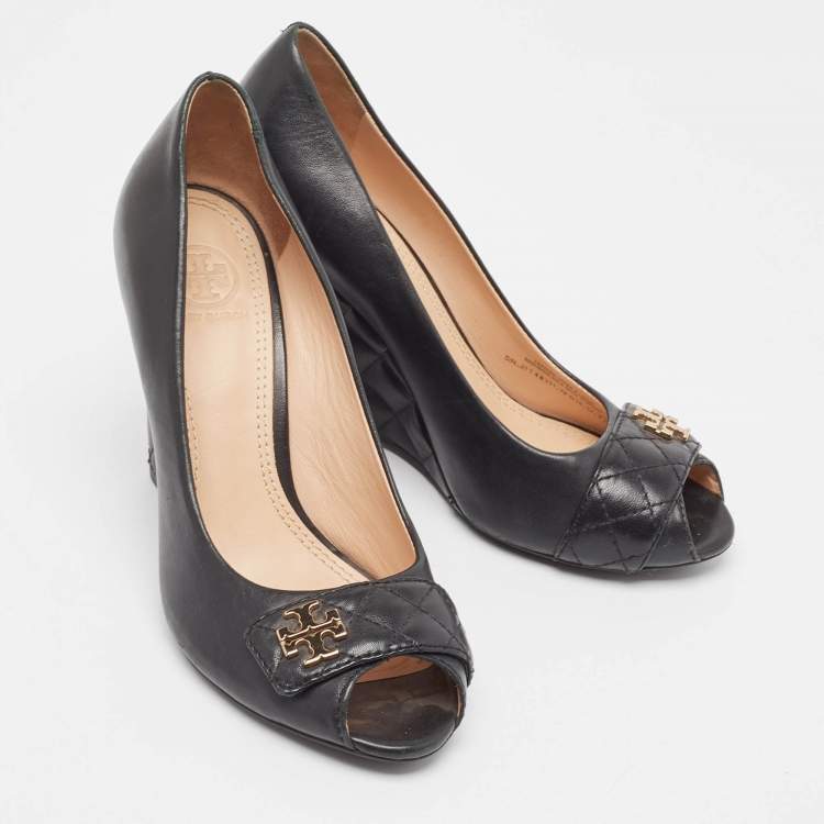 Pre Owned Tory Burch Black Leather Leila Peep Toe Wedge Pumps Size 37.5
