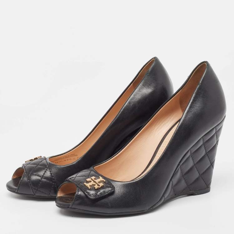 Pre Owned Tory Burch Black Leather Leila Peep Toe Wedge Pumps Size 37.5