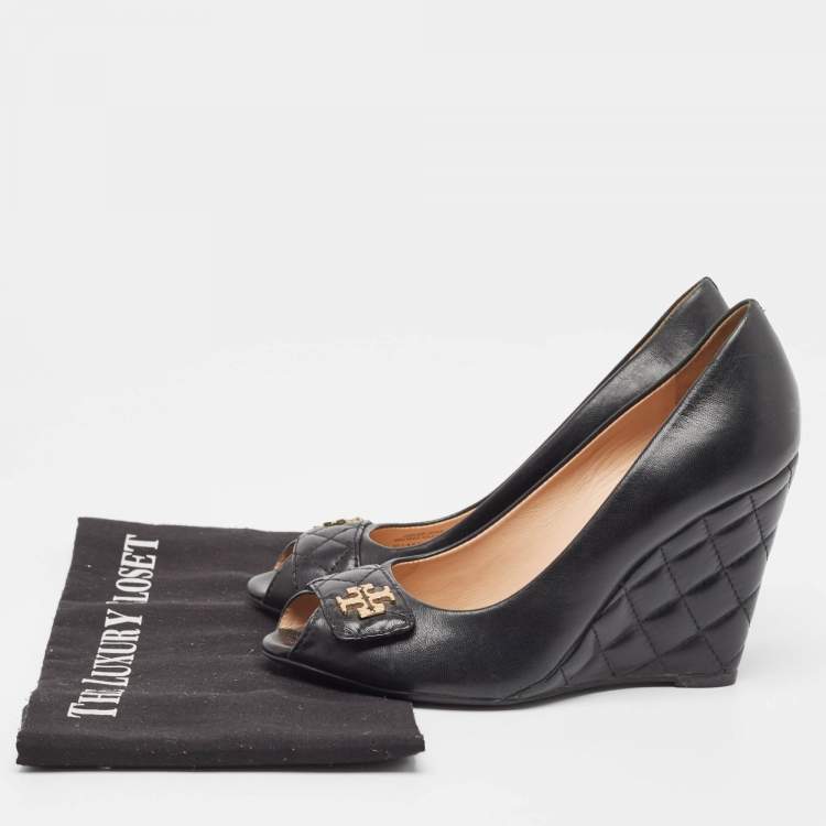 Pre Owned Tory Burch Black Leather Leila Peep Toe Wedge Pumps Size 37.5