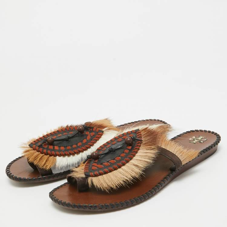 Pre Owned Tory Burch Brown/White Leather and Fur Phoenix Slides Size 39.5
