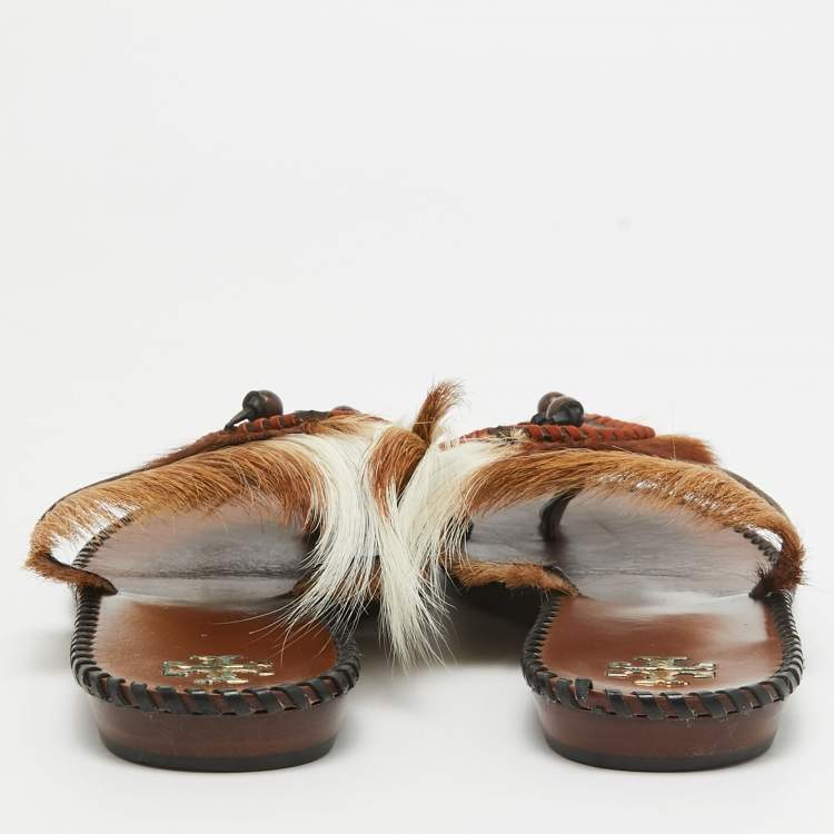 Pre Owned Tory Burch Brown/White Leather and Fur Phoenix Slides Size 39.5