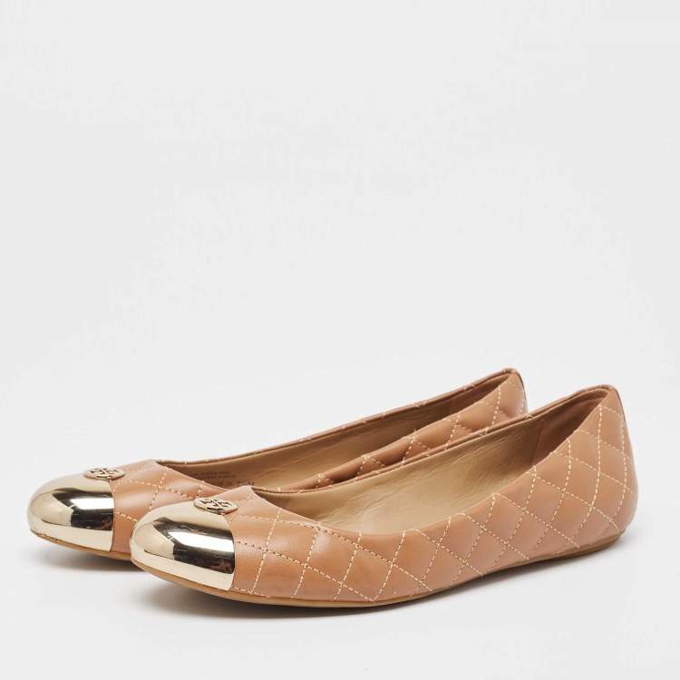 Pre Owned Tory Burch Beige Quilted Leather Metal Cap Toe Ballet Flats Size 37.5