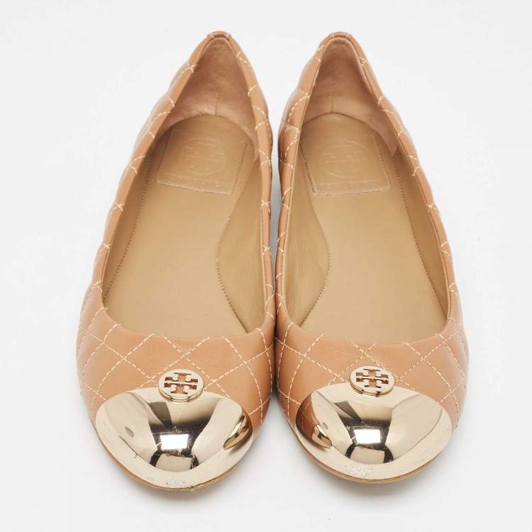 Pre Owned Tory Burch Beige Quilted Leather Metal Cap Toe Ballet Flats Size 37.5