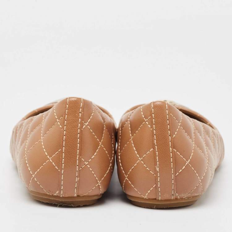 Pre Owned Tory Burch Beige Quilted Leather Metal Cap Toe Ballet Flats Size 37.5