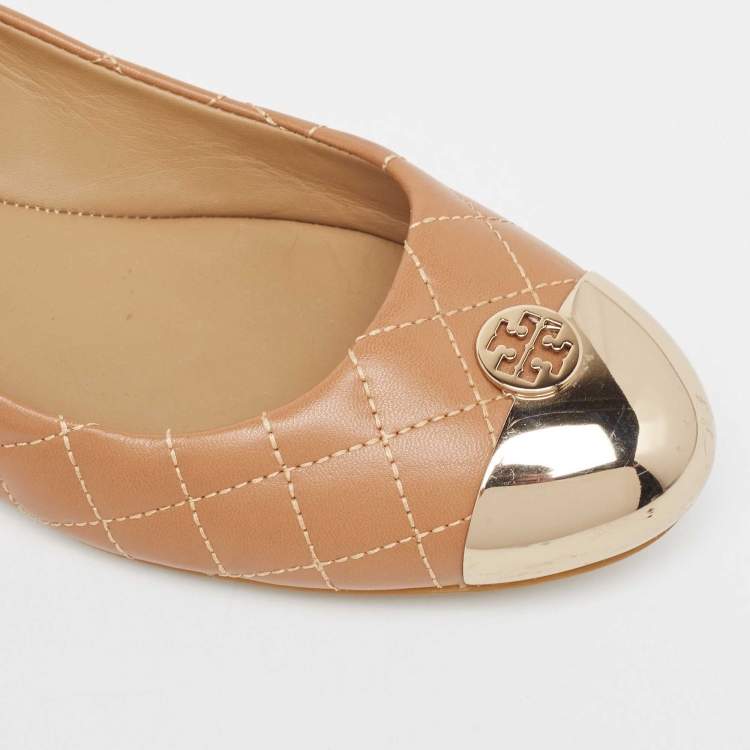 Pre Owned Tory Burch Beige Quilted Leather Metal Cap Toe Ballet Flats Size 37.5