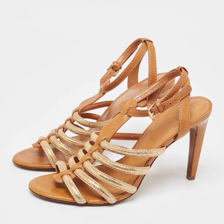 Pre Owned Tory Burch Brown/Gold Leather and Glitter Suede Charlene Sandals Size 41