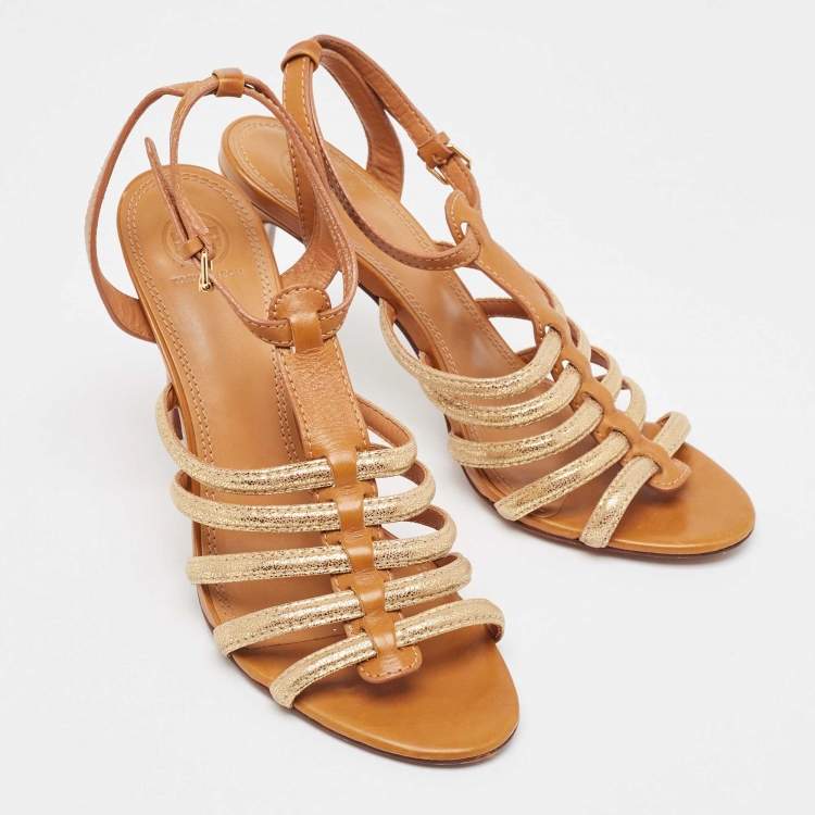 Pre Owned Tory Burch Brown/Gold Leather and Glitter Suede Charlene Sandals Size 41