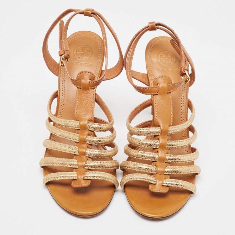 Pre Owned Tory Burch Brown/Gold Leather and Glitter Suede Charlene Sandals Size 41