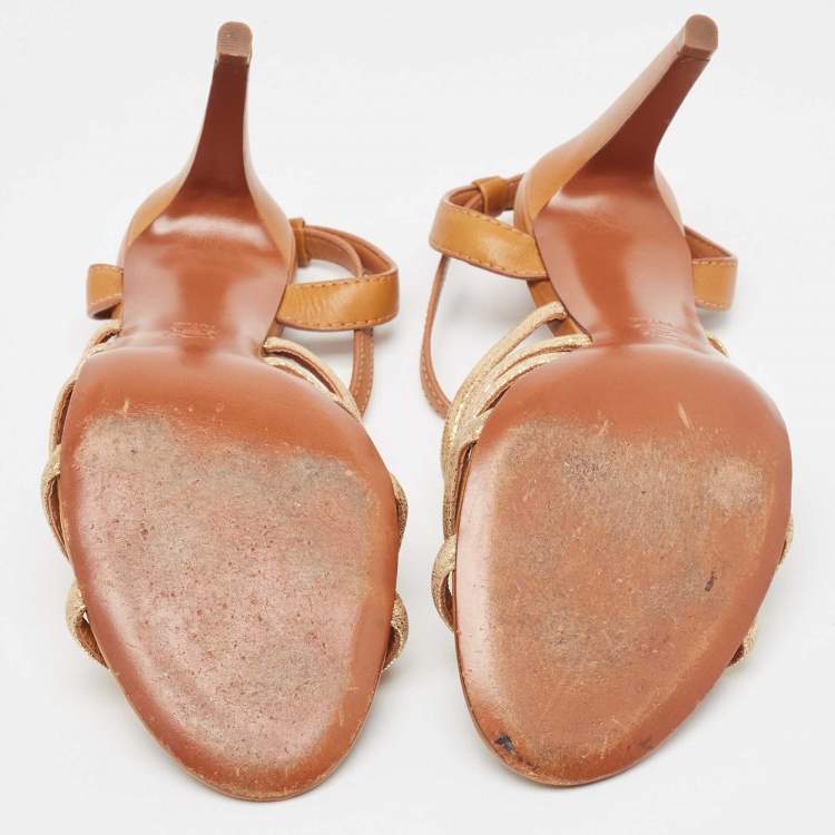 Pre Owned Tory Burch Brown/Gold Leather and Glitter Suede Charlene Sandals Size 41