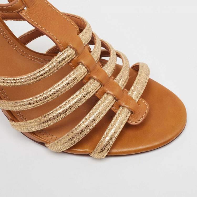 Pre Owned Tory Burch Brown/Gold Leather and Glitter Suede Charlene Sandals Size 41